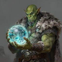 a male half-orc druid, green-skinned, wearing a grey fur robe, holding a glowing sphere of water, Matte painting , detailed painting, greg rutkowski