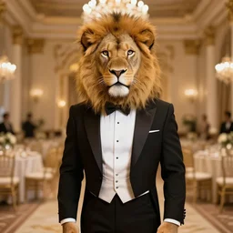 a photo of an anthro male lion wearing a tuxedo in a ballroom