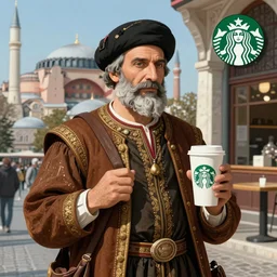 kanuni Sultan suleyman waiting his starbucks order in 1500s istanbul, detailed photorealistic digital art