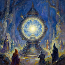 teleportation machine in a fantasy world, with wizards and warriors using it, the machine is a large metal contraption with a bright light in the center, style of impressionism