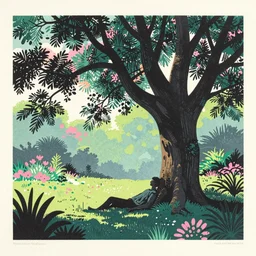 ( ( ( gediminas pranckevicius ) ) ), stillness under bo tree in a jungle garden summer morning, very coherent and colorful high contrast art by james gilleard floralpunk screen printing woodblock, dark shadows, pastel color, hard lighting