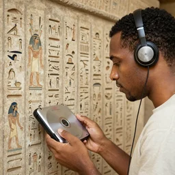 ancient egyptian hieroglyphs depicting a person listening to a Walkman CD player
