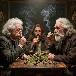 jesus, einstein and darwin sitting meeting on a table, smoking weed, drunk, in the afterlife, wholesome, volumetric lightening, smoke, octane render, hyperdetailed, beautiful, art, by greg rutkowski and alphonse mucha, artstation