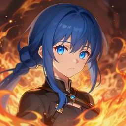 blue eyed anime girl, flames everywhere, highly detailed, digital painting, artstation, concept art, smooth sharp, focus, illustration art