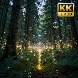 professional photograph of a forest filled with glowing bubbles, evening, highly detailed, high quality, award-winning, awe-inspiring, spectacular, 8K, HD