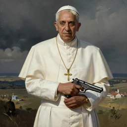 “ the pope with a durag and a pistol in his hands by Raymond Swanland”