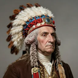 fantasy art hyper photorealistic ai created interesting bizarre george washington wearing an indian war bonnet fantastic art award winning best ultra detailed magnificent