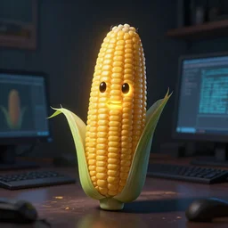Anthropomorphic corn cob using computer in a dark room, face illuminated, hyperrealistic, artstation, 8k, concept art, very detailed, hd, digital painting, shadows, dimly lit, dramatic lighting