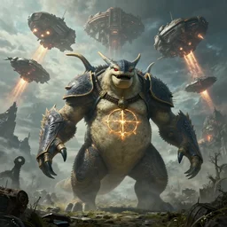 highly detailed elden ring portrait photo of a huge metagross in a scenic dystopian environment of hell. a fleet of even bigger massive spacecrafts lift off in the background, starting engines nitro jet drive, hyperrealistic illustration by william didier - pouget