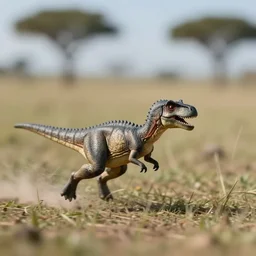 award winning photo from the left by saul leiter of a tiny gray dinosaur running in the savannah, motion blur, tiny gaussian blur, insanely detailed, insanely intricate, depth of field, low contrast, summer, wide aperture, action photography
