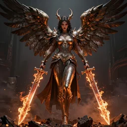 demoness rising from the ash holding the burning swords of angel wings, realistic rendering, octane render, unreal engine, 8 k highly detailed, intricate details, style by greg rutkowski, intricate details, cinematic lighting