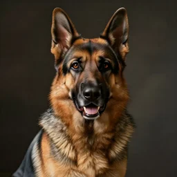 a humanoid german shepherd beast - man, he wears a gray shirt.