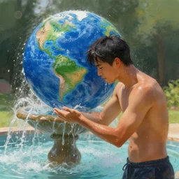 a man that wanted the world but he didn't want to get wet with a fountain, beautiful digital painting