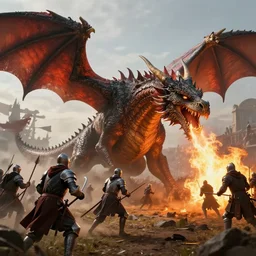 big ancient dragon breathing fire onto medieval knights in a epic battle on the battlefield, high detail, high definition, photorealistic, 8k