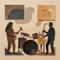 paper cut out collage artwork, earth tone colors, block colors, abstract painting of a jazz band, trending on behance