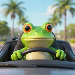 human face as a frog driving a car, palm trees