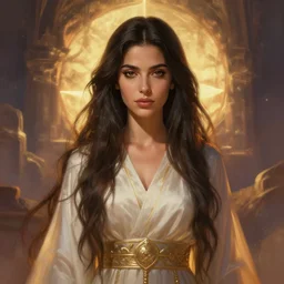 portait haifa wehbe as shao siming priestess of birth / young master of fate, centred, very long hair, hd, unreal engine, art digital painting, amazing background theme