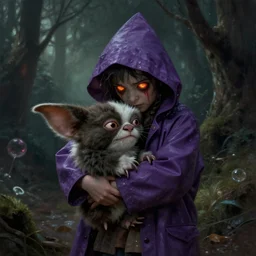 Little nightmares, purple raincoat, fiery eyes, cuddling her gremling as in the movie, painted by raymond swanland