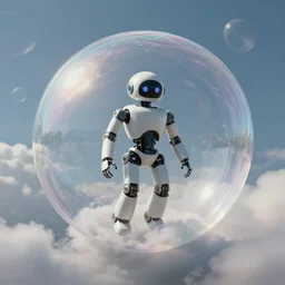 a robot floating inside of a soap bubble among the clouds, ethereal, fantasy, style of rene magritte, by peter mohrbacher