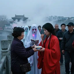 中 元 节, 中 国 鬼 节, long procession of the dead is queuing up on the naihe bridge. mother meng handed the nearest female ghost in red a worry free soup, comic book, psychedelic lights and fog, zdzislaw, ayami kojima, yamamoto, barclay shaw, karol bak, hyperrealist, 8 k
