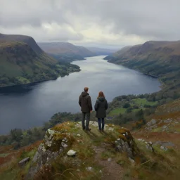 a scottish couple standing on a ridge overlooking loch lomond epic concept art, epic painting, artstation, realistic, by greg rutkowski