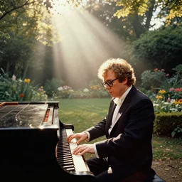 a photo of elton john playing the piano in the middle of a garden, dramatic, ektachrome, vintage, wide angle, warm color palette, light mode, 2. 5 - dimensional, 1 6 k, ultra - hd, megapixel, cga, rays of shimmering light, mist, screen space reflections
