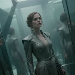 distorted perspective extremely detailed movie still foggy portrait shot of a confident woman in sci - fi dress in a distorted mirror labyrinth by denis villenueve, ultra wide angle, closeup