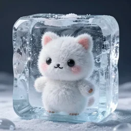 cute fumo plush encased in a cube of solid ice, frozen fumo