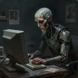 concept art of a sentient ai stuck in a very old computer in a dark room, sad, grimy, gritty, trending on artstation, award winning painting, cgi, art by anton fadeev and john howe and simon stalenhag
