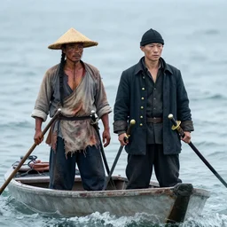 A rowboat in violent sea with two men. The rower is dressed like an old-fashioned Chinese farmer, complete with rice-picker hat and long queue. His garments are torn and stained, covered in burns. The other is pale and cropped beneath a blunt, peaked cap. He wears a brass-buttoned coat in much better repair than his companion’s with two swords, a broadsword and a saber, sheathed at his sides.