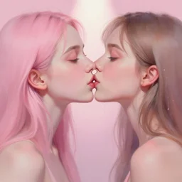 portrait of two beautiful girls kissing, intimate, pastel shades of pink, beautiful face, rule of thirds, spotlight, drips of paint, by jeremy mann, digital painting