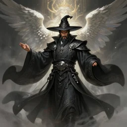 a highly detailed illustration of mustached japanese man as wizard wearing ornate black robe and mage hat, dramatic floating pose, with divine guardian angel floating behind him, perfect face, intricate, elegant, highly detailed, centered, digital painting, artstation, concept art, smooth, sharp focus, league of legends concept art, WLOP