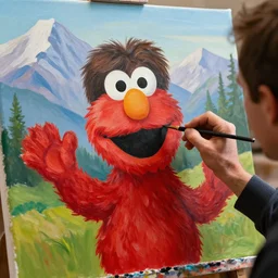 a closeup photorealistic photograph of bob ross working on a canvas painting of elmo. film still. brightly lit scene. mountains and trees. this 4 k hd image is trending on artstation, featured on behance, well - rendered, extra crisp, features intricate detail, epic composition and the style of unreal engine.
