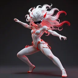 albino maiko with futuristic sunglasses and fancy hair, full - body, dynamic pose, red and white neon, concept art, intricate details, highly professionally detailed, cgsociety, highly detailed -