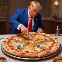 trump making a pizza, realistic extremely detailed photo style painting of a granular detail, holographic krypton ion, octane render, 4 k, f 3 2, 5 5 mm photography, wide angle