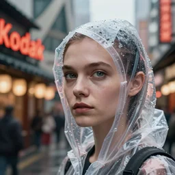 Kodak Portra 400, 8K, highly detailed, wachowski 3/4 extreme closeup portrait, clear eyes, focus on clear transparent raincoat replicant Zhora model, tilt shift zaha hadid style background: famous blade runner remake, tokyo izakaya scene