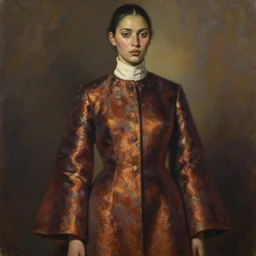 detailed portrait in strong femininity, ethnic, realistic face sculpted features, statuesque model, modern fashion, flared regal long brocade jacket, high starched collar, warm glow, supple, bathed in light, chiaroscuro, specular highlights, angular impressionism, radiosity, deep rich tones, contemporary art, oil on canvas