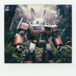low saturation photograph!! giant oversized battle rabbit robot fusion with delorean chubby mech transformers, in forest jungle, cinematic focus, polaroid photo, vintage, neutral dull colors, soft lights, foggy, overcast by oleg oprisco, by thomas peschak, by discovery channel, by victor enrich, by gregory crewdson