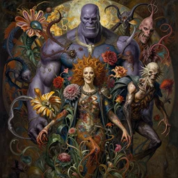 the platonic ideal of flowers of cletus kasady ultimate carnage thanos dementor doctor manhattan chtulu nazgul, detailed, intricate, hyperrealism, intense, scary, decay, dmt, art by brock hofer and artgerm and greg rutkowski and alphonse mucha