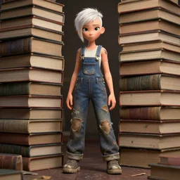 full body pose, beautiful adult library fairy, short white hair shaved sides, pixar, dirty, grungy, grunge, painted overalls, stacks of giant books, highly detailed, 4 k, hdr, smooth, sharp focus, high resolution, award - winning photo, artgerm, photorealistic