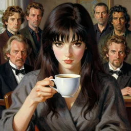 portrait of morning coffee, by by peter mohrbacher, allen williams, hajime sorayama, wayne barlowe, boris vallejo, aaron horkey, gaston bussiere,