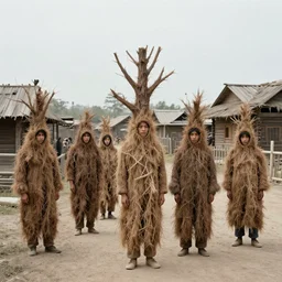 realistic documentary photo of a group of people wearing brown dry trees costumes in a wooden village 1 9 9 0, life magazine reportage photo, neutral colors, neutral lighting