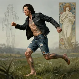 tattooed nicholas cage wearing a jacket and ripped shorts running and dancing in a field, character sheet, character design, contrast, deep focus, turnaround, highly detailed, dramatic lighting, digital painting, artstation, concept art, matte, sharp focus, illustration, elegant, art by artgerm and greg f and alphonse mucha.