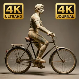 photo of the ancient statue of biker on the ancient bike, symmetrical, cinematic, real dlsr photography, sharp focus, 4 k, ultra hd, sense of awe, archeology journal cover