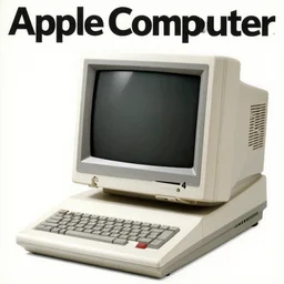full-color 1983 article from an “Apple Computer” magazine introducing the “Apple 4” retro-futuristic personal computer with a CRT display showing a GUI. It has a computer-mouse and a data-cassette reader and a pen-tablet. Rainbow-colored graphic design; Cassette-futurism; Cassette-punk; retro-futurism.