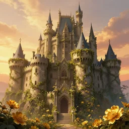 a massive castle overgrown with vines, fantasy art, art station, digital illustration, 4k, detailed, sunset, gold flowers
