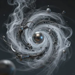 swirling abstract cyborg parts and bio - mechanical tendrils and ornate flowing smoke streams and smooth particle effects surround a small metallic sphere, cinematic, unreal engine