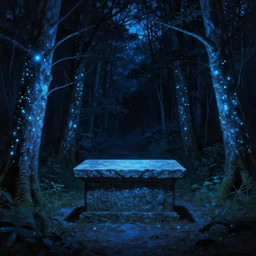 large large stone altar surrounded by blue bioluminescent bioluminescent bioluminescent trees with glowing spots glowing spots in dense forest forest, at night, very dark dark, bright contrast contrast, Ruan Jian, Ismail Inceoglu, digital 4K painting