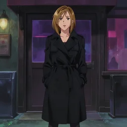 nicole aniston wearing a black trench coat  standing outside a night club, anime film still from the movie directed by Junji Ito, wide lens