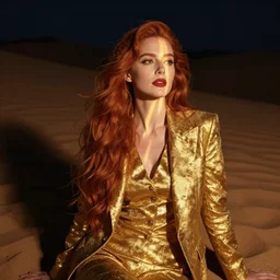 woman with long red hair, very beautiful style, in a gold suit, night desert, dunes, photorealism, night in the desert, her face illuminated by golden rays, pensive, dreamy, red lips, edgard maxence,